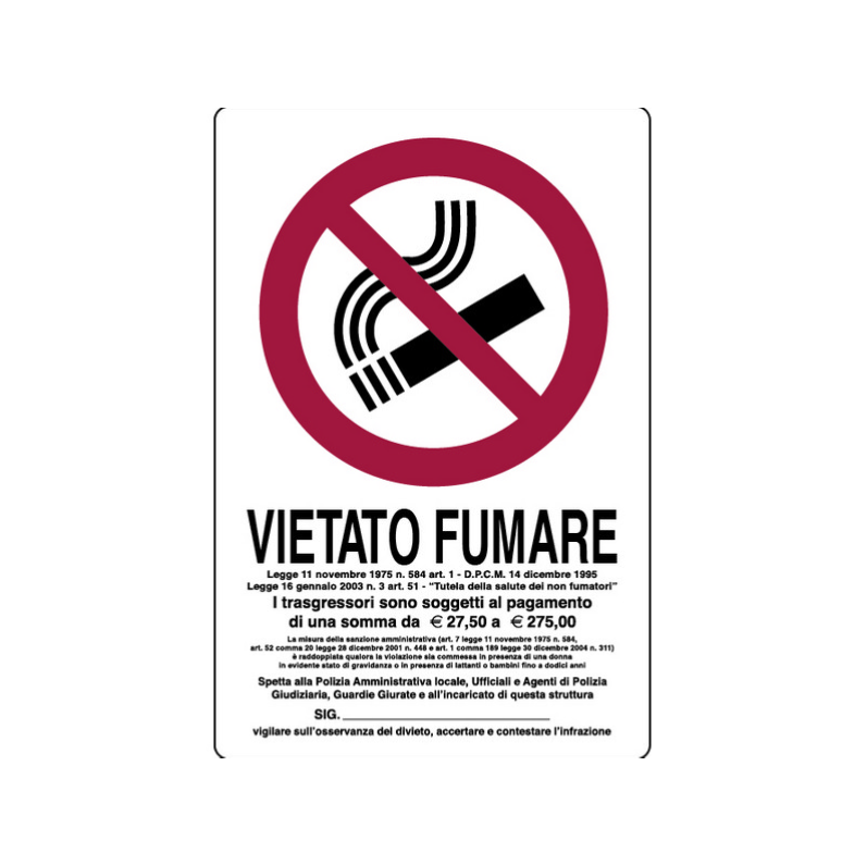Cartello "VIETATO FUMARE CON LEGGE" in plastica — 20x30 cm